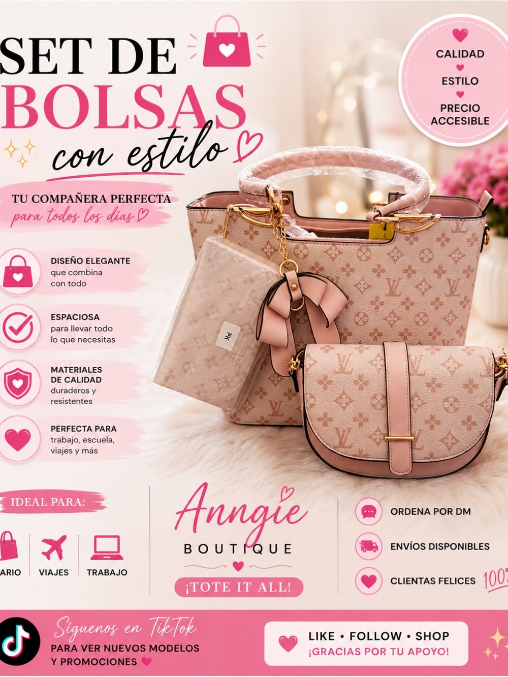 Pink Monogram Tote & Crossbody Bag Set